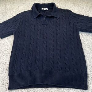 DR2 Minimalist 100% Cotton Navy Cable Knit Short Sleeve Sweater Size M